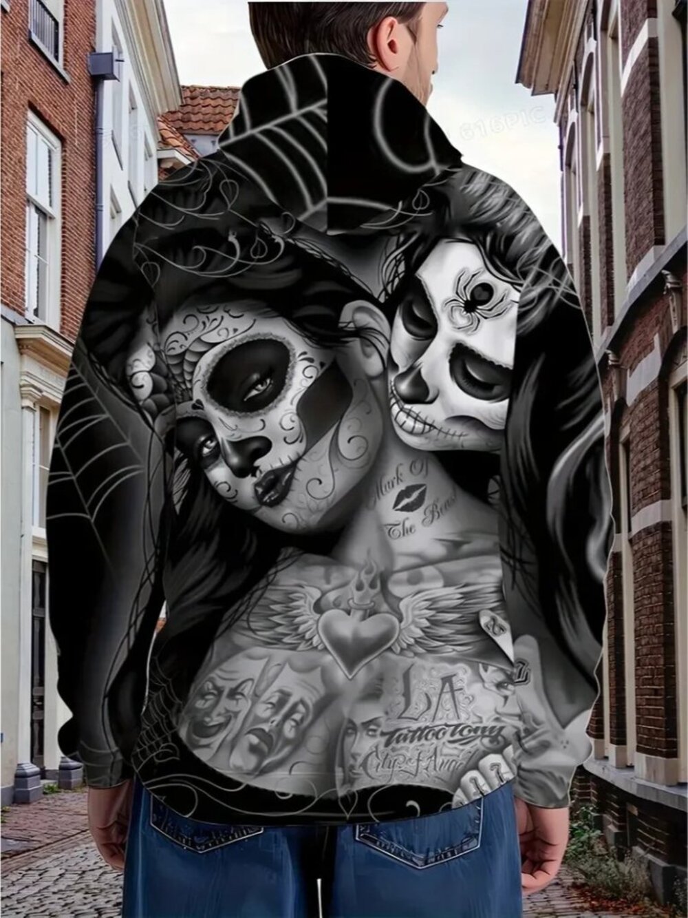 Skull Couple Men 3D Graphic Hoodie Sweatshirt Multicolor Size Large - Picture 2 of 5